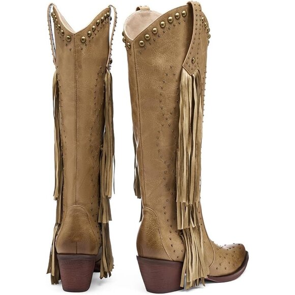 Women's Apricot Fashion Pointed Toe Chunky Heel Rivet Pull-On Knee High Fringe - Picture 5 of 7